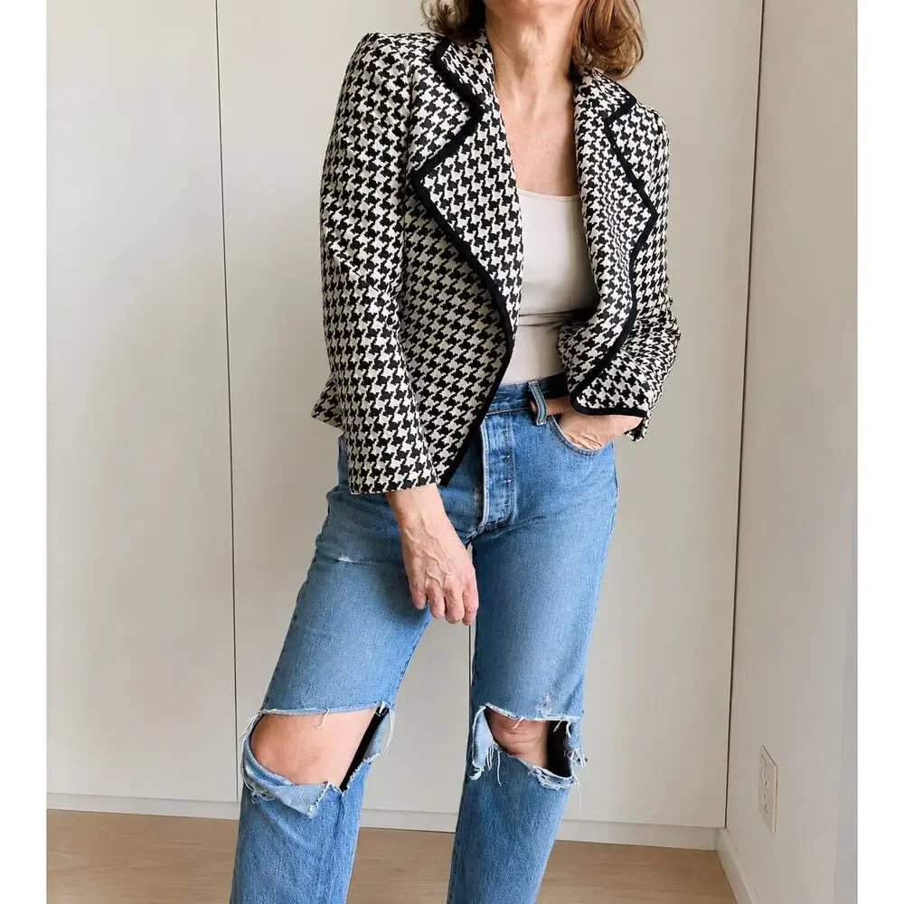 Womens Houndstooth Cropped Blazer/Jacket size 2 Linda Allard Crm/Black Classic